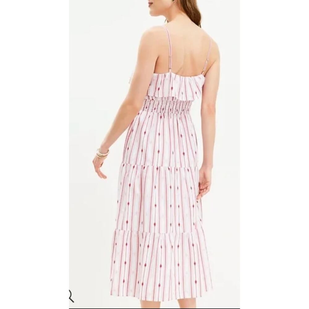 NWT LOFT Striped Ruffle Strappy Tiered Smocked Midi Dress White Red Pink XS - Picture 3 of 15